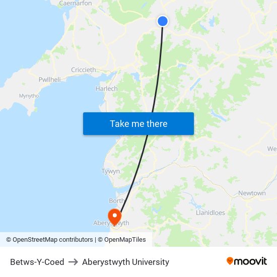Betws-Y-Coed to Aberystwyth University map