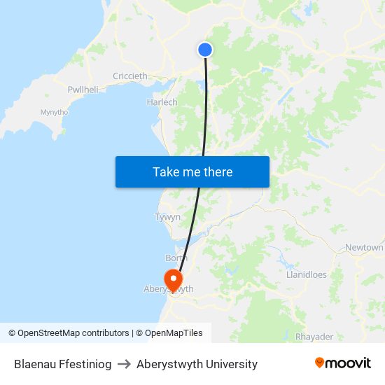 Blaenau Ffestiniog to Aberystwyth University map