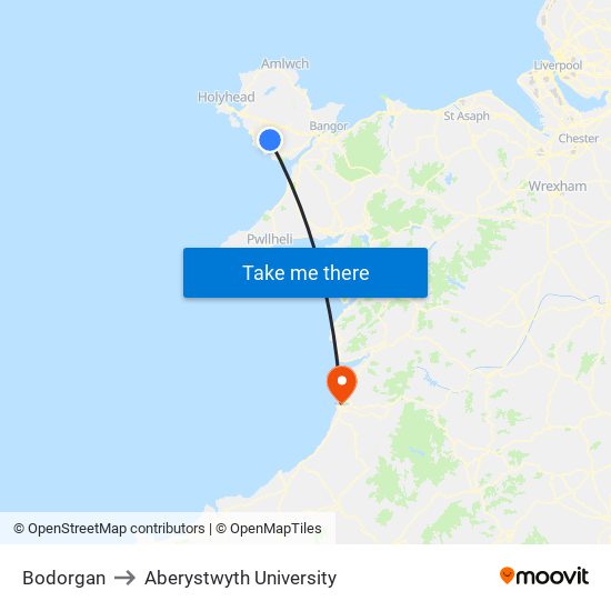 Bodorgan to Aberystwyth University map