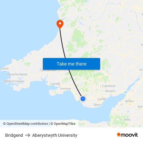 Bridgend to Aberystwyth University map