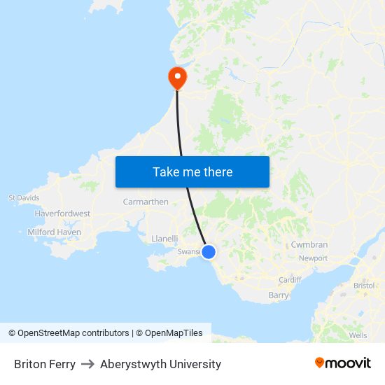 Briton Ferry to Aberystwyth University map