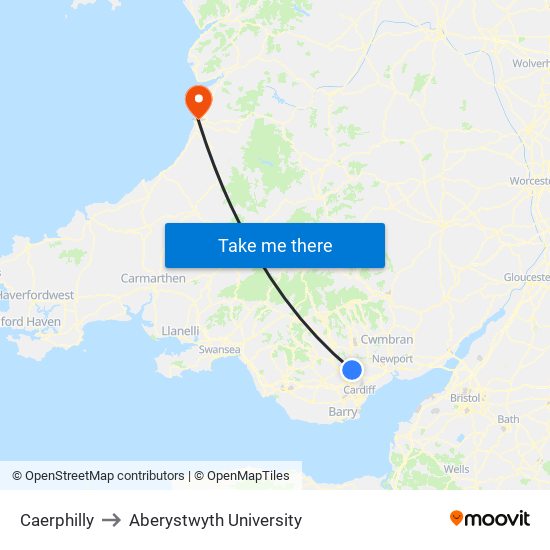 Caerphilly to Aberystwyth University map