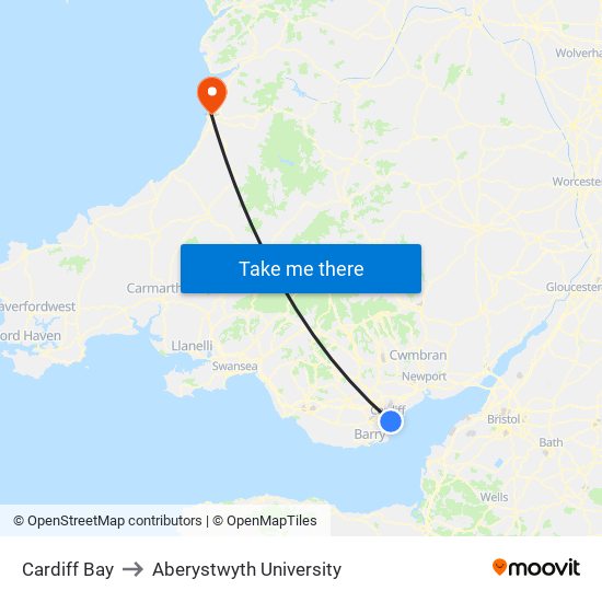 Cardiff Bay to Aberystwyth University map