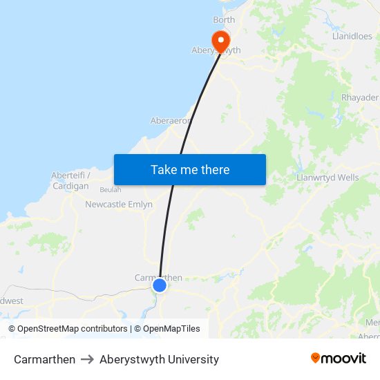 Carmarthen to Aberystwyth University map