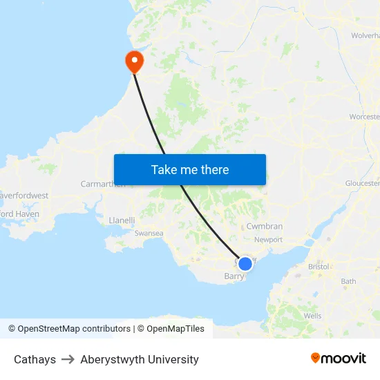 Cathays to Aberystwyth University map