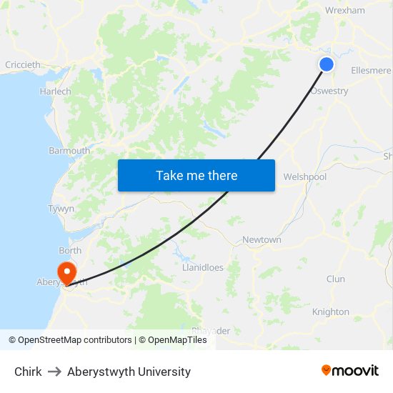 Chirk to Aberystwyth University map
