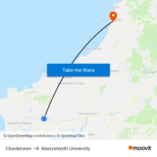 Clunderwen to Aberystwyth University map