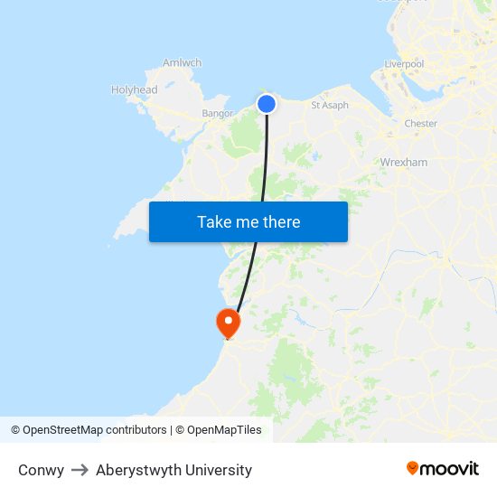 Conwy to Aberystwyth University map