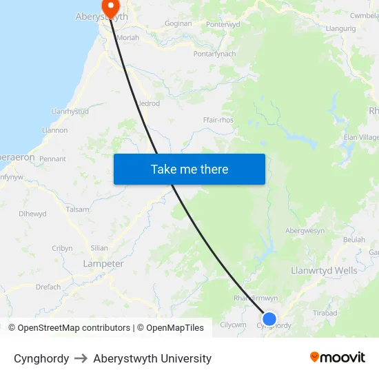Cynghordy to Aberystwyth University map