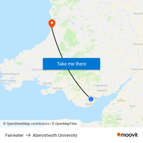 Fairwater to Aberystwyth University map