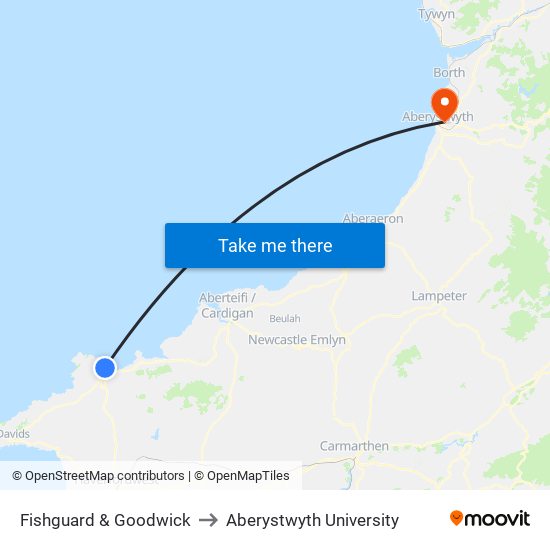 Fishguard & Goodwick to Aberystwyth University map