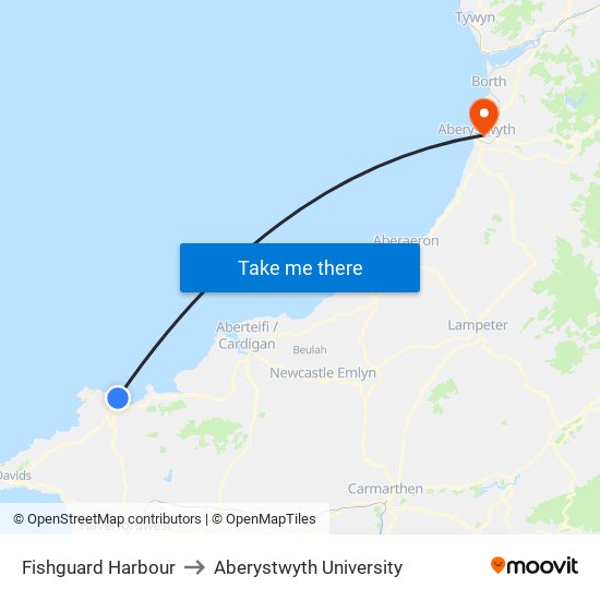 Fishguard Harbour to Aberystwyth University map