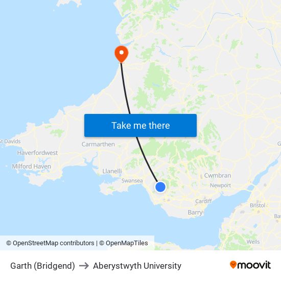 Garth (Bridgend) to Aberystwyth University map