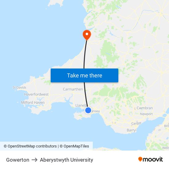 Gowerton to Aberystwyth University map