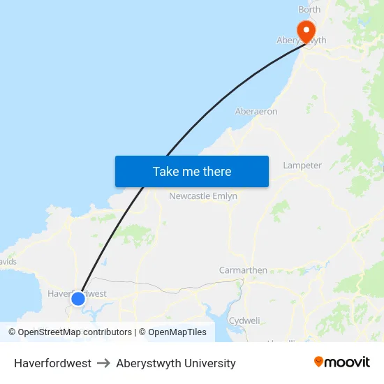 Haverfordwest to Aberystwyth University map