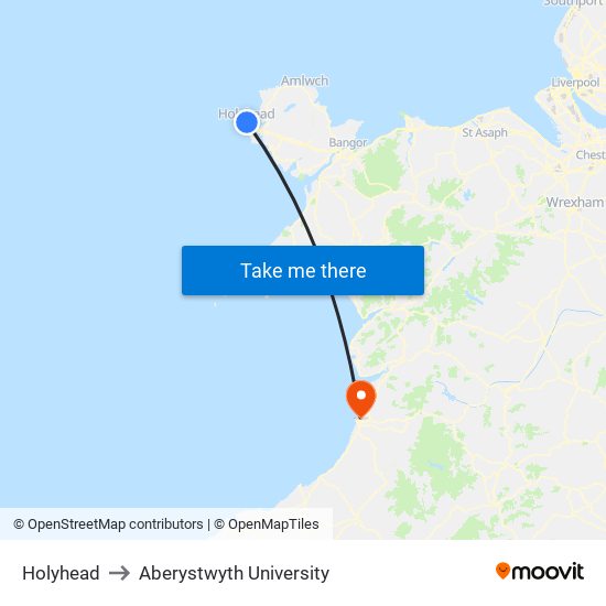 Holyhead to Aberystwyth University map