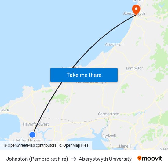 Johnston (Pembrokeshire) to Aberystwyth University map