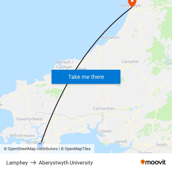 Lamphey to Aberystwyth University map