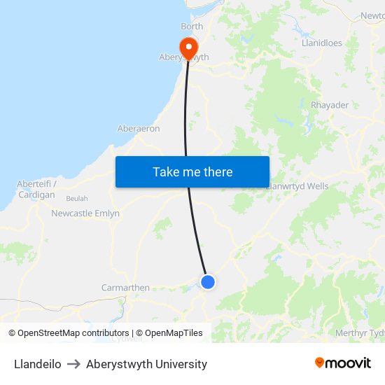 Llandeilo to Aberystwyth University map