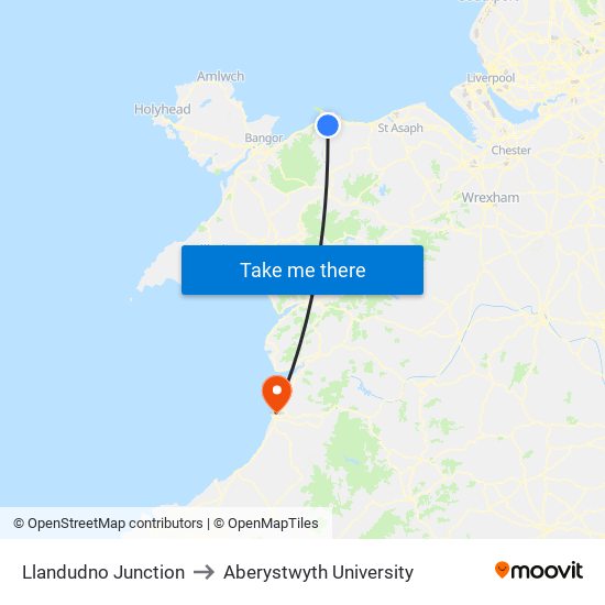 Llandudno Junction to Aberystwyth University map