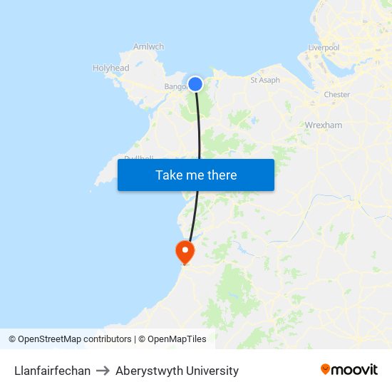 Llanfairfechan to Aberystwyth University map