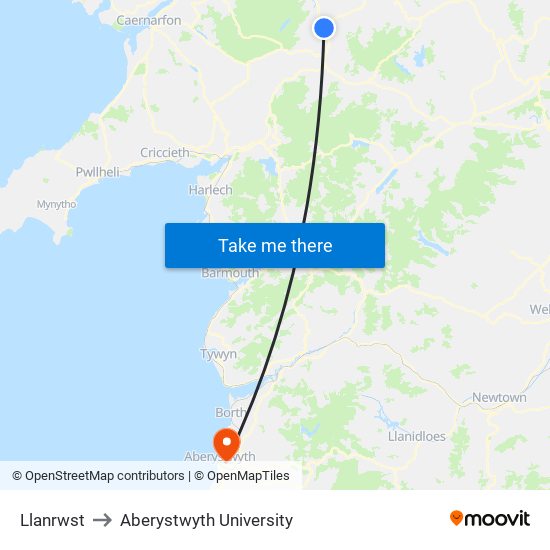 Llanrwst to Aberystwyth University map