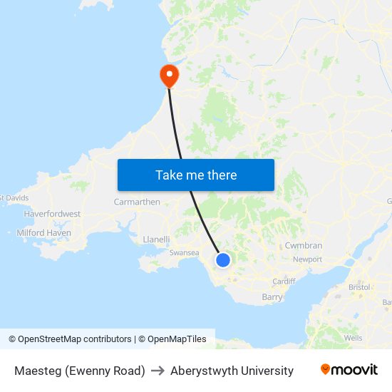 Maesteg (Ewenny Road) to Aberystwyth University map