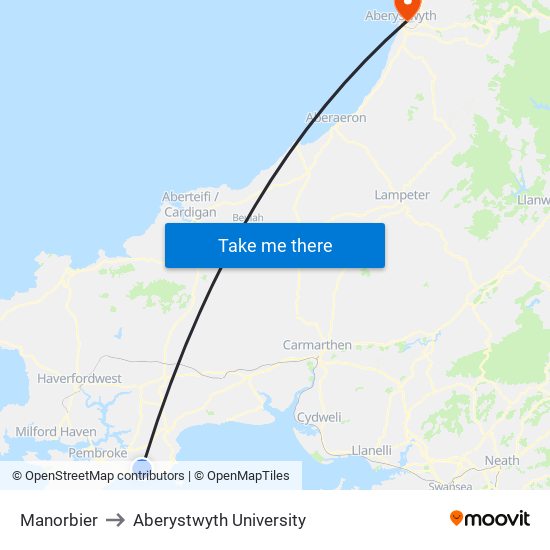 Manorbier to Aberystwyth University map