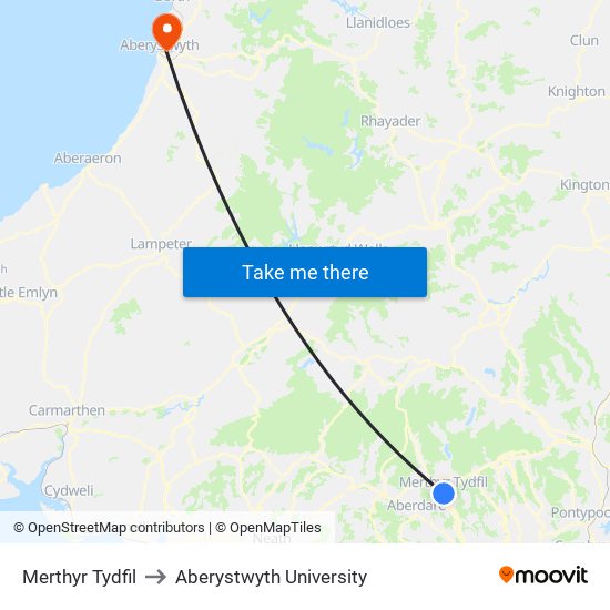 Merthyr Tydfil to Aberystwyth University map