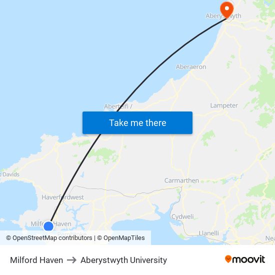 Milford Haven to Aberystwyth University map