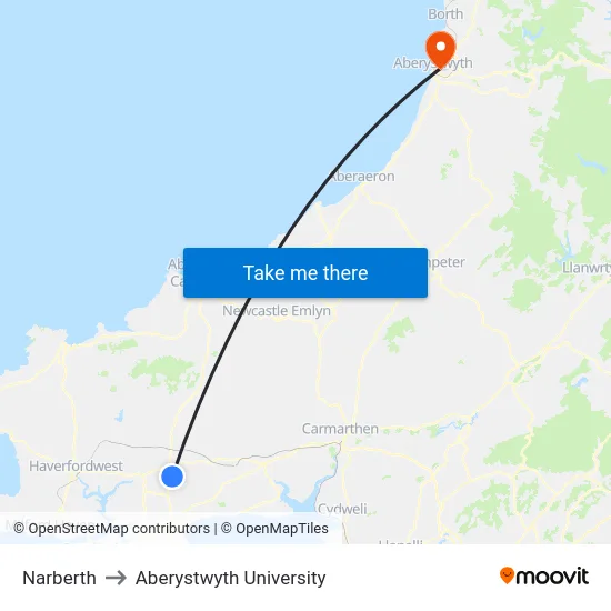 Narberth to Aberystwyth University map