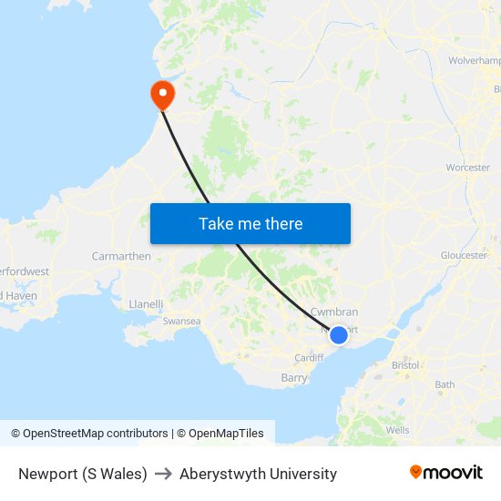 Newport (S Wales) to Aberystwyth University map