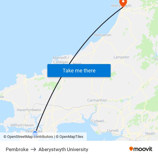 Pembroke to Aberystwyth University map