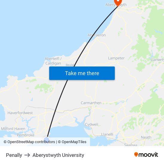 Penally to Aberystwyth University map