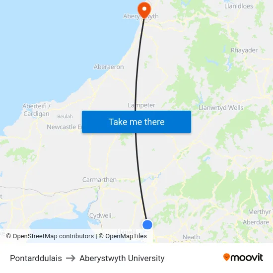 Pontarddulais to Aberystwyth University map