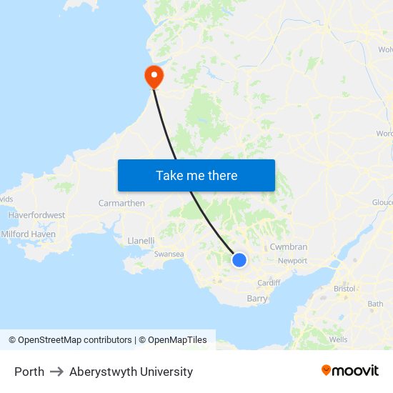 Porth to Aberystwyth University map