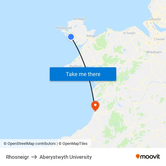Rhosneigr to Aberystwyth University map