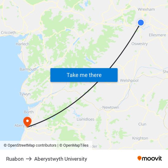 Ruabon to Aberystwyth University map