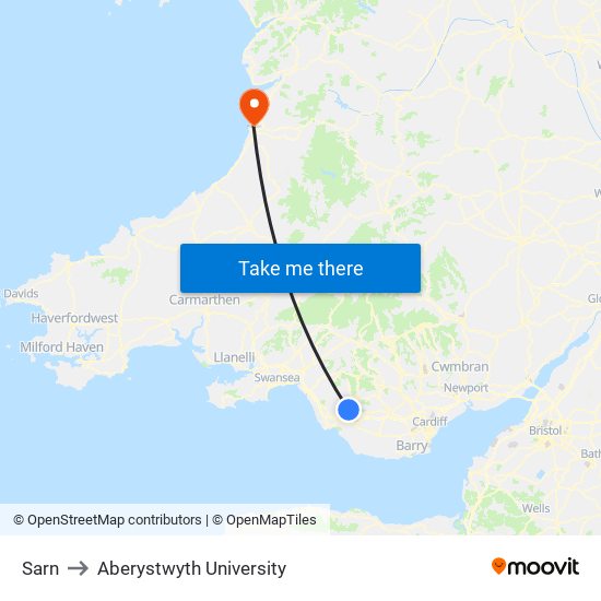 Sarn to Aberystwyth University map