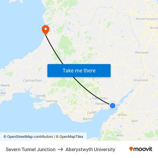 Severn Tunnel Junction to Aberystwyth University map
