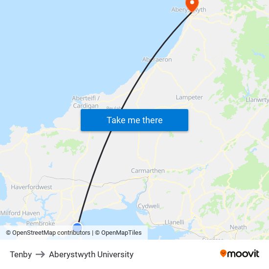 Tenby to Aberystwyth University map