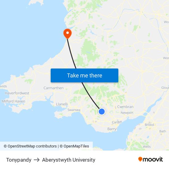 Tonypandy to Aberystwyth University map