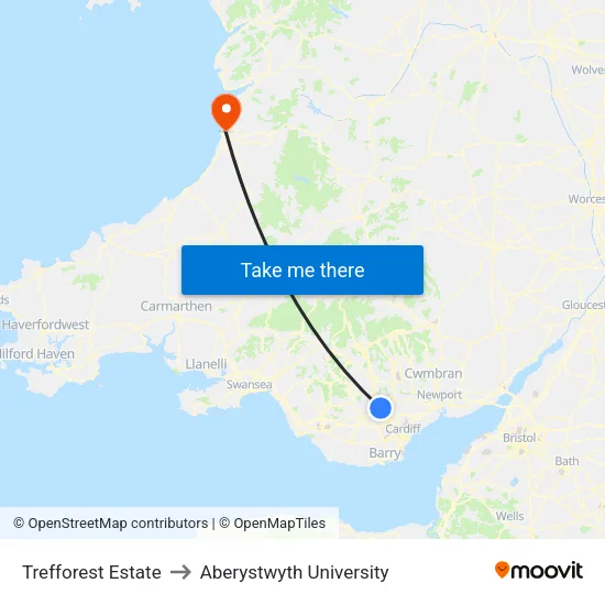 Trefforest Estate to Aberystwyth University map