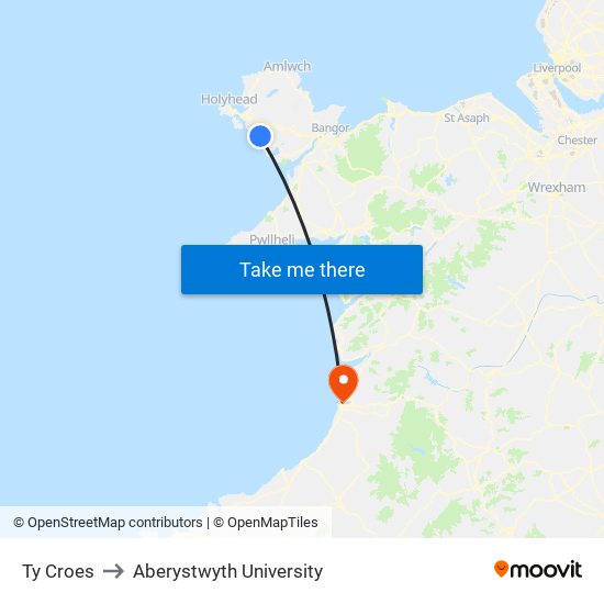 Ty Croes to Aberystwyth University map