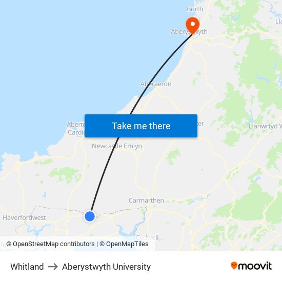 Whitland to Aberystwyth University map