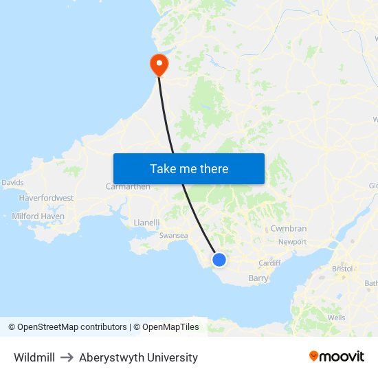 Wildmill to Aberystwyth University map
