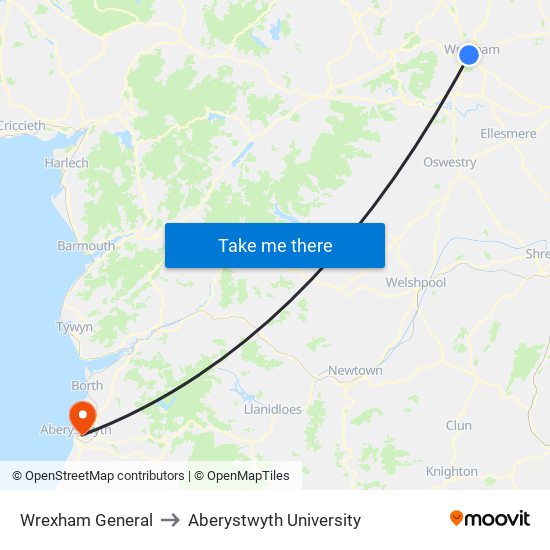 Wrexham General to Aberystwyth University map