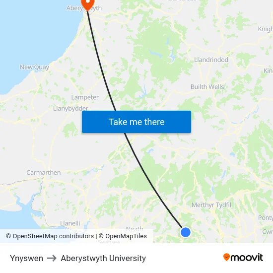 Ynyswen to Aberystwyth University map