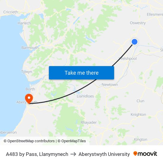 A483 by Pass, Llandysilio to Aberystwyth University map