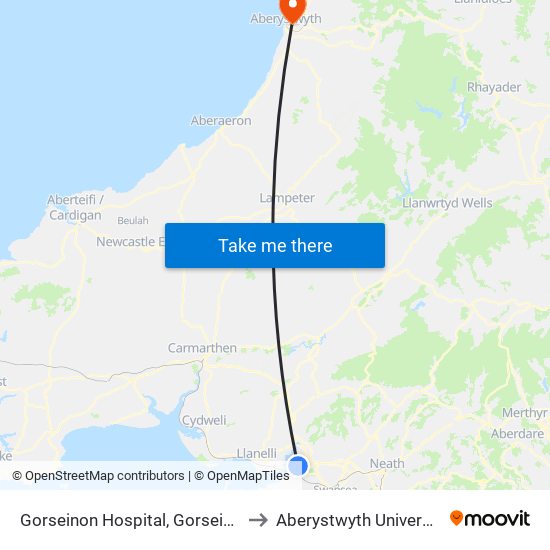 Gorseinon Hospital, Gorseinon to Aberystwyth University map